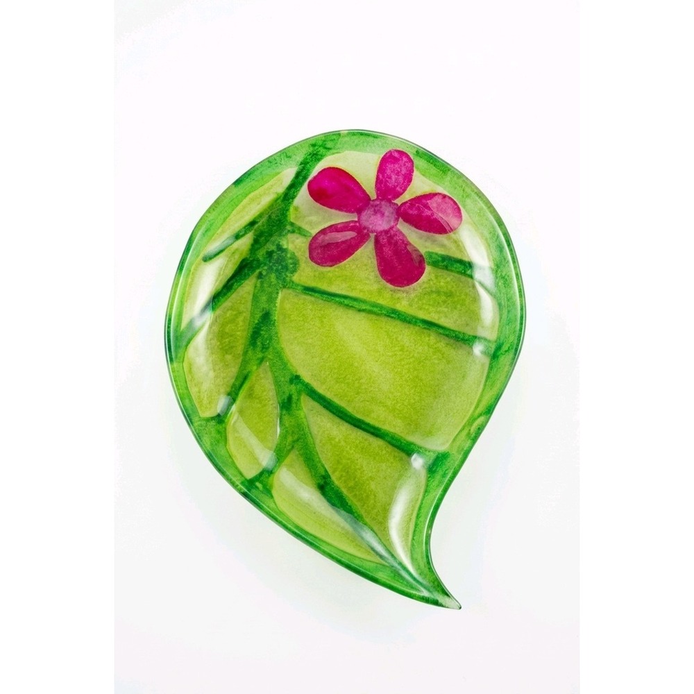 DII Design Imports Glass Leaf Serving Plate with Pink Flower Accent - Picture 5 of 5